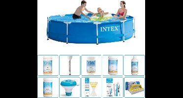 Intex Rond Frame Zwembad - 305 x 76 cm - Blauw - Inclusief Chloor - Chloordrijver - Testrips - Reparatiesetje - Scrubborstel - PH-waarde - PH-waarde - Thermometer - Algen - Chloor