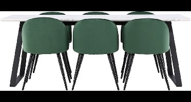 Malaga eethoek eetkamertafel 90x200cm wit en 6 Skagen stoel velours groen.