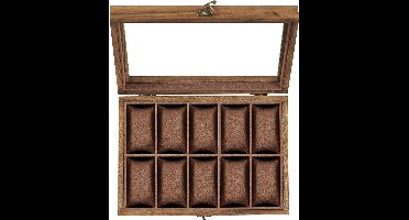 Horlogebox met 10 sleuven, horlogekast, massief houten horlogedoos, organizer met groot glazen deksel, horlogebox met afneembare kussens, cadeau-idee, rustiek notenhout