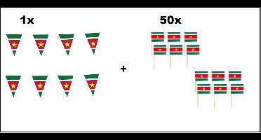1x Vlaggenlijn Suriname + 50x Cocktailprikker Suriname - landen festival party fun winterfeest thema feest cocktail prikker