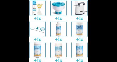 Alles-in-1 Zwembad Onderhoudspakket - bevat Chloor - PH-min - PH-plus - Schoonmaakset - Algen - Chloor - Testrips - Chloordrijver en Dompelpomp (9-delig)