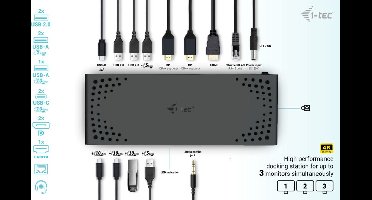 i-Tec - USB-C - Thunderbolt Docking Station - 2 x Displayport - 1 x HDMI - Ethernet - 5 x USB-A - 2 x USB-C - Audio - 100W opladen