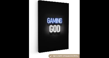 Canvas schilderij 20x30 cm - Wanddecoratie Gaming - Spreuken - Gaming god - Zwart - Neon - Muurdecoratie game room - Gaming kamer decoratie - Gameroom accessoires - Schilderijen - Game room decoratie