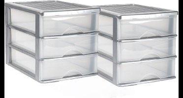 PlasticForte Ladeblok bureau organizer - 2x stuks - 3 lades - grijs/transparant - L35,5 x B27 x H26 cm