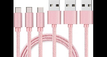 3x USB C naar USB A Nylon Gevlochten Kabel Roze - 1 meter - Oplaadkabel voor Sony Xperia 1 / Xperia 5 / Xperia 10