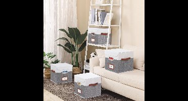 SNK038WG-4 Opvouwbare opbergdozen met deksel, set van 4, opbergdoos met 3 handgrepen, grote vouwdoos voor kasten, kleding enz, 38 x 25 x 25 cm, wit/grijs