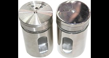 Kruidenstrooiers Luxe - RVS met glazen venster - Potje met verstelbare Strooideksel - Afmeting 8 x 5 x 5 cm. - Voordeelset 6 stuks - Cadeau Tip!!
