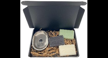 Soap bar set met zeephouder RVS zwart - zeep savon de marseille Chevrefeuille, Aloë vera, Opium 3x125 gr.