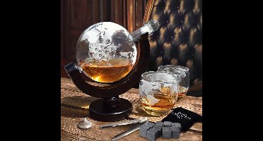 MikaMax Globe Whiskey Decanter – Standaard Versie – Whiskey Set – Complete Set – Whiskey Karaf – Incl. 2 Whiskey Glazen en Whiskey Stones – 900 ML