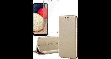 Hoesje geschikt voor Samsung Galaxy A02s - Screen Protector GlassGuard - Book Case Kunstleer ThinShield Goud & Screenprotector
