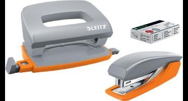 Leitz Mini Nietmachine + Perforator - Niet Tot 10 Vel - Voor Mappen En Ringbanden - Inclusief Nietjes - Ideaal Voor School Of Studie - Grijs/Oranje