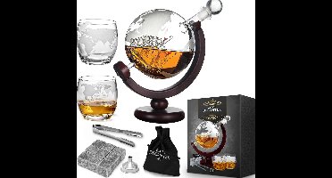 MikaMax Globe Whiskey Decanter – Standaard Versie – Whiskey Set – Complete Set – Whiskey Karaf – Incl. 2 Whiskey Glazen en Whiskey Stones – 900 ML