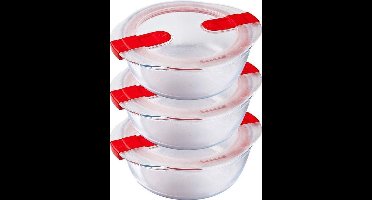 Pyrex - Cook & Heat - Ronde Schaal met Magnetronbestendige Deksel - 1,1 liter - Glas - Set van 3 Stuks
