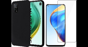 Hoesje geschikt voor Xiaomi Mi 10T en Screenprotector - Zwart - Siliconen Case Liquid Cover Hoes + Screen Protector Glas