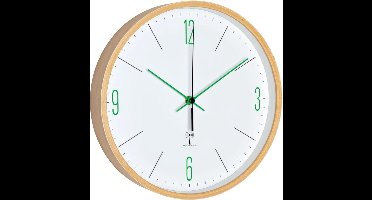 TFA - Analoge Design Funk-Wandklok mit Ahorn-Rahmen  60.3524 - Grüne Ziffern und Zeiger Blaue Ziffern und Zeiger