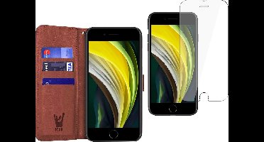 Hoesje geschikt voor iPhone SE 2022 / 2020 / 8 / 7 - Screen Protector GlassGuard - Book Case Kunstleer Pasjeshouder Bruin & Screenprotector