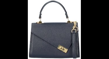 Donker Blauwe Leren Handtas Gouden Draaislot - Chique Italiaans Leren Tassen - Extra Lang Kettinghengsel - Stevige Leer - Navy / Donker Blauw