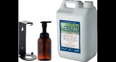 Zeepdispenser 300 ml amber bruin hervulbaar + 5 liter Bodylotion Rozemarijn & Eucalyptus navulling (inclusief beugel)