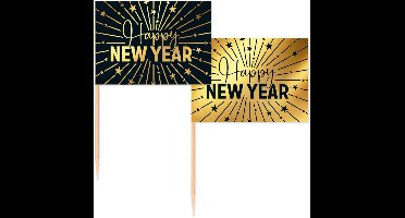 150 Vlagprikkers goud / zwart ' Happy New Year ' - Golden Celebrations - Hapjes Cocktailprikkers Tapas Prikkers Feestje