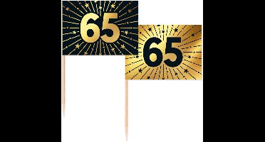 100 Vlagprikkers goud / zwart 65 jaar - Golden Celebrations - Hapjes Cocktailprikkers Tapas Prikkers Feestje