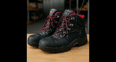 Veiligheidsschoenen MTS Vinson OV Flex Pro S3 – Metaalvrij, PU2D Zool, Waterafstotend Leer – Maat 41 – Zwart/Rood – Werkschoenen met Composiet Neus en Antiperforatiezool