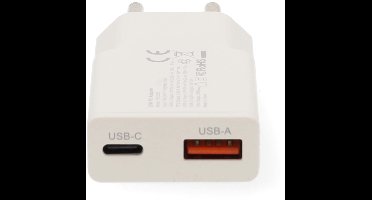 Nedis Oplader - 20 W - GaN - PD3.0 - 1.5 / 2.0 / 2.22 / 3.0 A - Outputs: 2 - USB-A / USB-C - Automatische Voltage Selectie - Wit