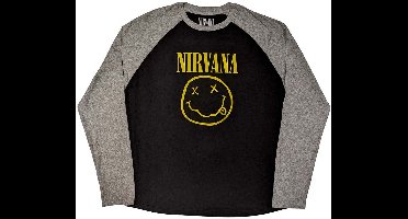 Nirvana - Yellow Happy Face Raglan T-shirt - L - Zwart/Grijs