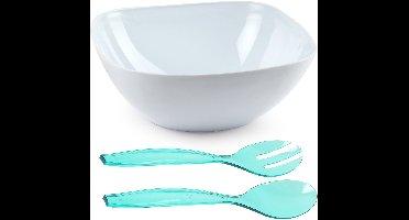 Plasticforte Salade/sla serveerschaal - wit - kunststof - D28 x H11 cm - met sla bestek in het turquoise - 29 cm