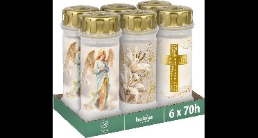Bolsius - Herdenkingslicht - Wit met Engel Kruis Lelie - 6 stuks