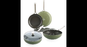 BK Sublime Pannenset 6-delig - 24/28cm - 3.7/4.2L - Panbeschermers - PFAS-vrije antikleeflaag - Pannenset inductie - Keramische pan - Ovenbestendig tot 220°C - Hapjespan 28cm met deksel - Met panbeschermers - Olijfgroen
