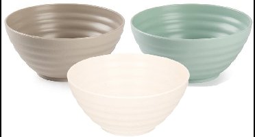 Plasticforte onbreekbaar servies kommetjes - schaaltjes - 12x stuks - groen/wit/taupe - kunststof - 14 x 6.5 cm - Camping - Keuken