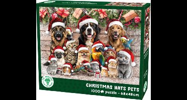 Kerstpuzzel 1000 Stukjes - Mr. Broccoli Puzzel Kerstmis Volwassenen - Christmas Hats Pets - Dieren met Kerstmuts - FSC® - 68 x 48 cm - Legpuzzel Kerst