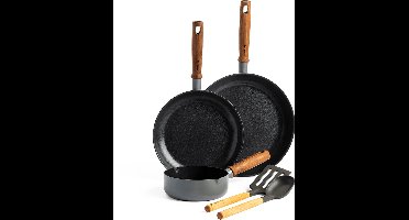 GreenPan Mayflower Pro keramische pannenset 5-delig - 16, 24 en 28 cm - inductie pannenset - inductie koekenpannenset - Koekenpan 20 cm - Koekenpan 24 cm - Steelpan 16 cm - 2 houten spatels - PFAS-vrij - grijs - houten handvat