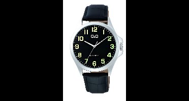 Q&Q C36A-014PY-Horloge-Heren-Zilverkleurig-Duidelijke wijzerplaat-Zwart lederen band