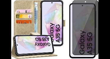 Hoesje geschikt voor Samsung Galaxy A35 - Privacy Screenprotector Volledig Dekkend Glas - Portemonnee Book Case Goud