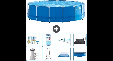 Intex Rond Frame Zwembad - 457 x 122 cm - Blauw - Inclusief Pomp - Ladder - Grondzeil - Afdekzeil Onderhoudspakket - Filter - Schoonmaakset - Solar Mat