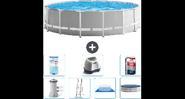 Intex Rond Prism Frame Zwembad - 457 x 122 cm - Grijs - Inclusief Pomp - Ladder - Grondzeil - Afdekzeil Filter - Zoutwatersysteem - Zwembadzout