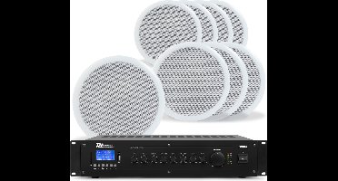 Power Dynamics 100V plafondspeaker set - 8 witte speakers en versterker - met Bluetooth - 120W