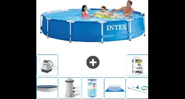 Intex Rond Frame Zwembad - 366 x 76 cm - Blauw - Inclusief Afdekzeil - Zwembadfilterpomp - Filter - Grondzeil - Schoonmaakset - Zoutwatersysteem - Zwembadzout