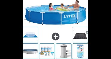 Intex Rond Frame Zwembad - 366 x 76 cm - Blauw - Inclusief Afdekzeil - Onderhoudspakket - Zwembadfilterpomp - Filter - Grondzeil - Solar Mat