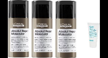 3 x L'Oréal Professionnel Absolut Repair Molecular Leave-in Mask – Voor alle beschadigde haartypes – 100 ml + WILLEKEURIG Travel Size