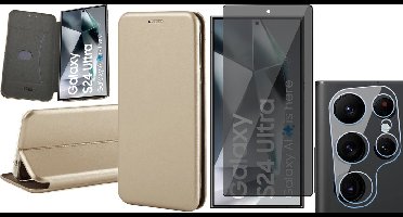 Hoesje geschikt voor Samsung Galaxy S24 Ultra - Privacy Screenprotector Volledig Dekkend Glas & Camera - Wallet Book Case Goud