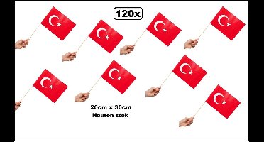 120x Zwaaivlaggetjes op houten stok Turkije 20cm x 30cm - Luxe zwaai vlaggetjes EK thema feest voetbal festival uitdeel Türkiye