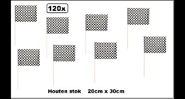 120x Zwaaivlaggetjes op houten stok Race/finish 20cm x 30cm - Luxe zwaai vlaggetjes Finish Formule 1 race thema feest voetbal festival uitdeel