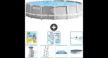 Intex Rond Prism Frame Zwembad - 427 x 107 cm - Grijs - Inclusief Pomp - Ladder - Grondzeil - Afdekzeil Onderhoudspakket - Filters - Schoonmaakset