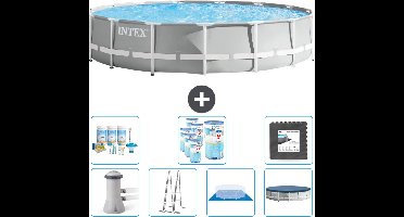 Intex Rond Prism Frame Zwembad - 457 x 107 cm - Grijs - Inclusief Pomp - Ladder - Grondzeil - Afdekzeil Onderhoudspakket - Filters - Vloertegels