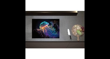 Inductieplaat Beschermer - Blauw met Paarse Kwal in Zwartkleurige Omgeving - 70x50 cm - 2 mm Dik - Inductie Beschermer - Bescherming Inductiekookplaat - Kookplaat Beschermer van Zwart Vinyl