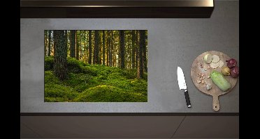 Inductieplaat Beschermer - Bomen in Bos bij Groen Begroeide Ondergrond - 71x50 cm - 2 mm Dik - Inductie Beschermer - Bescherming Inductiekookplaat - Kookplaat Beschermer van Zwart Vinyl