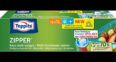 TOPPITS zipper diepvrieszak 48x1 liter (4 doosjes van 12 stuks) - vaatwasserbestendig - herbruikbaar