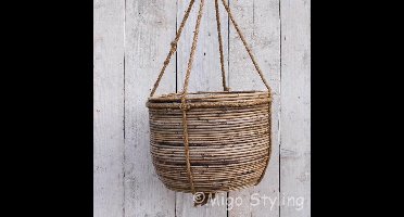 Hangmand - Rotan - Streep - Riet - Hangplant - Dia35xH25 cm - Grey - Hangende mand - Buiten - Binnen - Planten houder